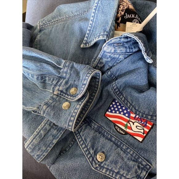 Jack Daniels Denim Men’s Large Shirt Blue Long Sleeve American Flag Dove Patch - Picture 6 of 7